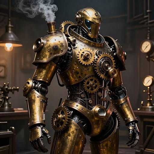 Steampunk-style robot with golden metallic armor, gear mechanisms, and a smoking pipe, standing in a dimly lit, industrial workshop.