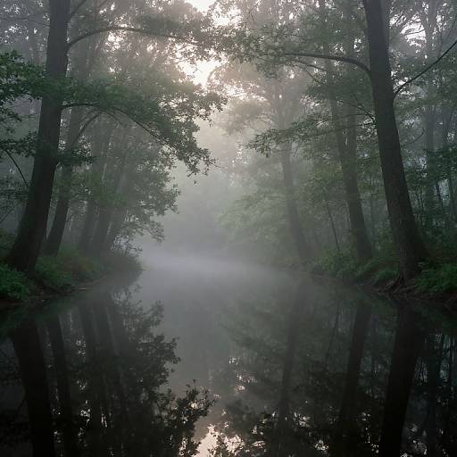 Photograph of a misty forest stream, with tall trees on both sides reflecting in the calm water, sun peeking through fog.