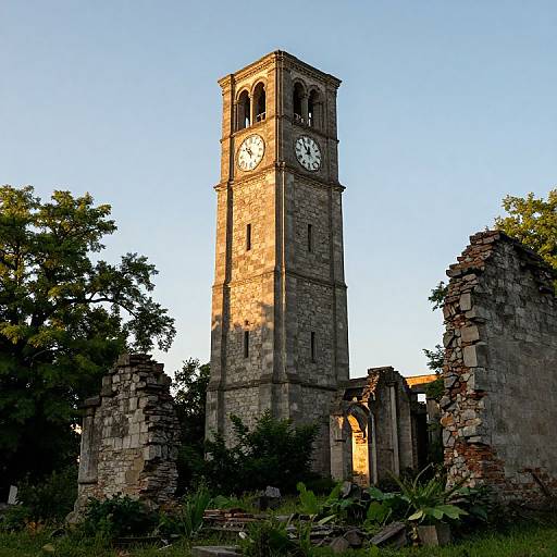 Timeless Stone Clock Tower Amid Ruins