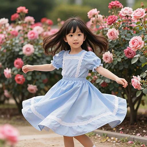 Photograph of a young Asian girl with black hair, wearing a light blue dress with white lace, running joyfully in a garden filled with blooming
