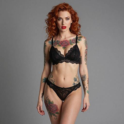 Red Haired Woman in Black Lace Lingerie with Tattoos