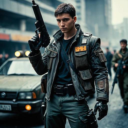 Military Man with Gun and Robot Hand in Urban Setting