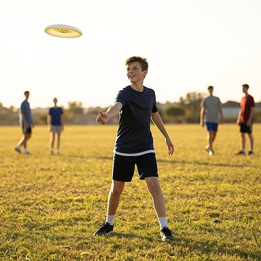 Photograph of a young man in a black t-shirt and black shorts, mid-throw of a white frisbee in a sunlit grassy