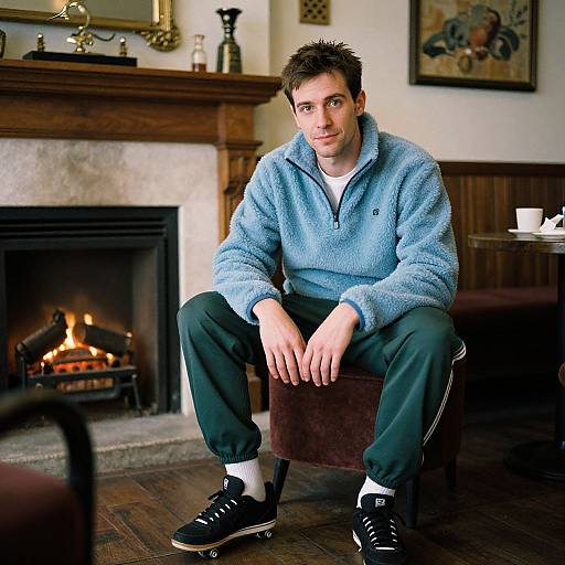 Photograph of a young man with short dark hair, wearing a light blue fleece, black pants, white socks, and black sneakers, sitting on a