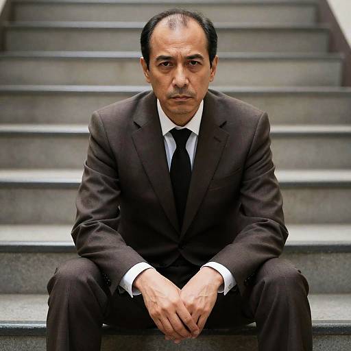 Serious Middle-Aged Man in Brown Suit on Stairs