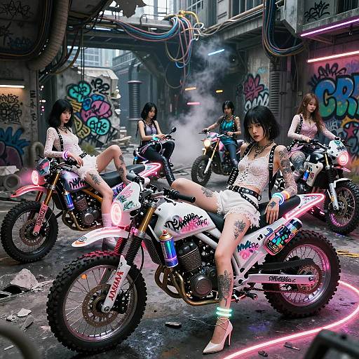 Cyberpunk Asian Girl Motorbike Gang in Neon-lit Urban Bunker