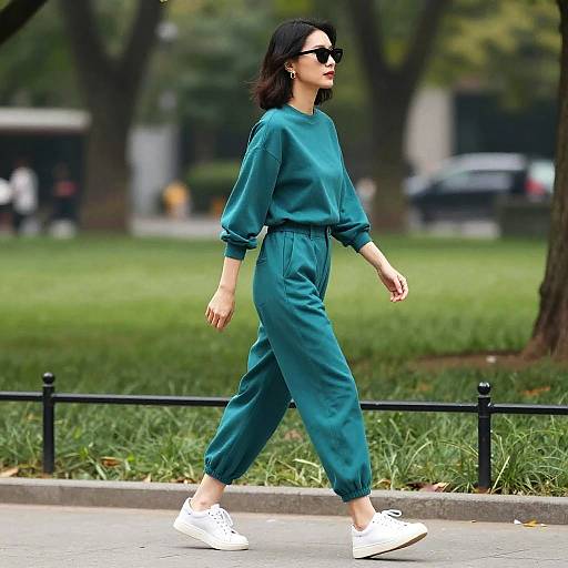 Woman Walking in Teal Outfit in Park