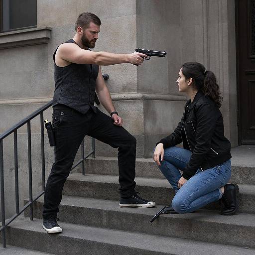 Man Threatening Woman with Gun on Urban Steps