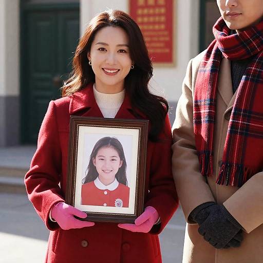 Woman Holding Framed Photo of Girl Outdoors