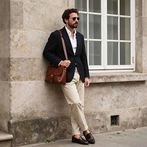 Photograph of a stylish man with curly hair, beard, sunglasses, navy blazer, white shirt, beige pants, brown leather bag, and loaf