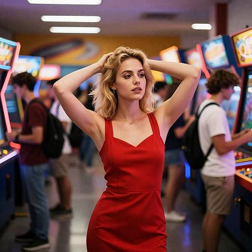 Blonde Woman in Vibrant Arcade Scene