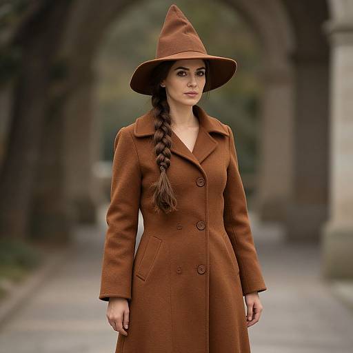Photograph of a woman with fair skin, long brown braid, wearing a brown witch hat and coat, standing in an archway.