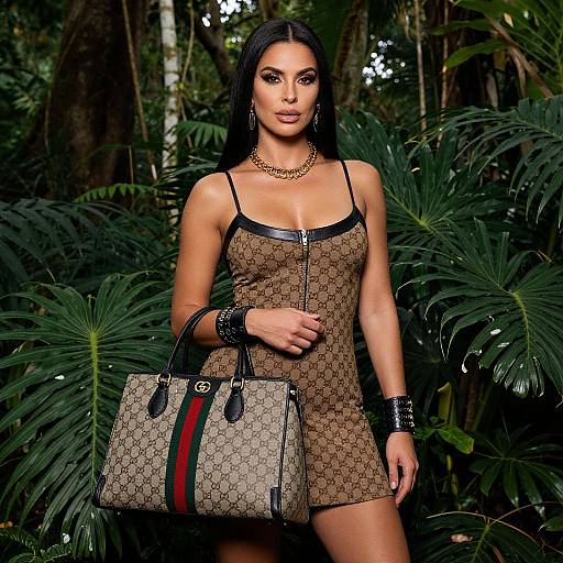 Photograph of a confident, dark-haired woman in a Gucci-patterned mini dress, black straps, gold necklace, black bracelets, holding a Gu