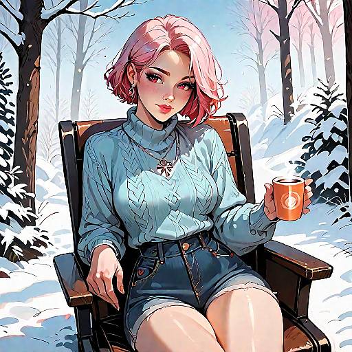 Digital anime-style drawing of a pink-haired woman in a blue sweater and denim shorts, holding a mug, seated in a snowy forest.