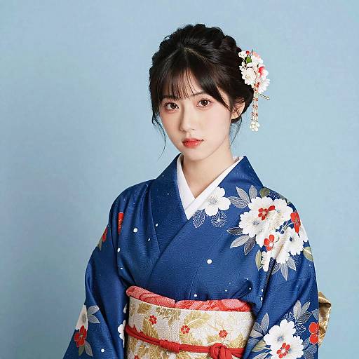 Photograph of an East Asian woman with fair skin, black hair in an updo, wearing a blue floral kimono with white and red flowers,