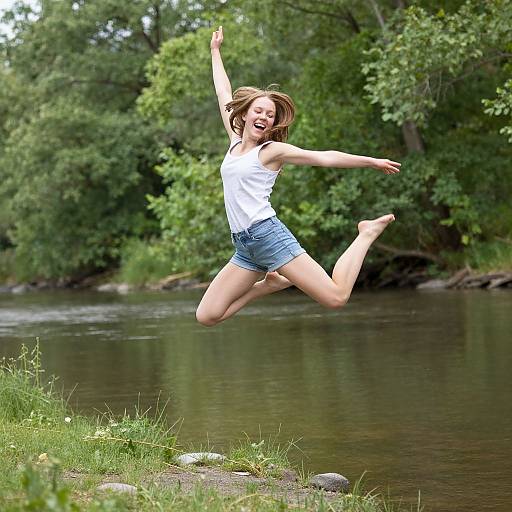 Photograph of a joyful, blonde woman in a white tank top and denim shorts, mid-jump near a serene, wooded river.