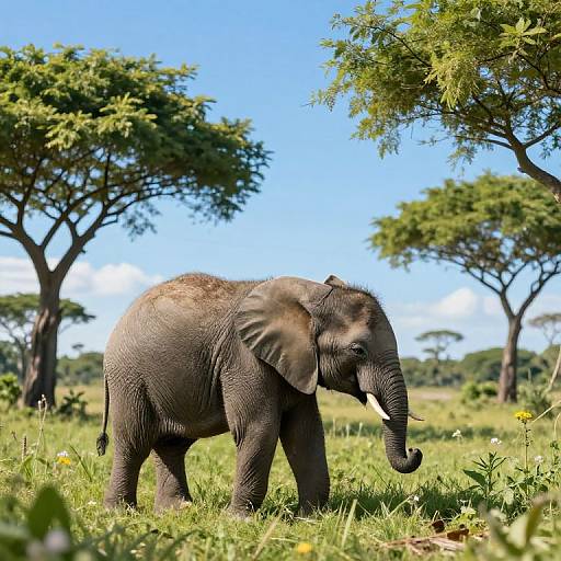 Photograph of a young African elephant with gray, textured skin, standing in a sunlit savanna, surrounded by tall green grass, yellow wildflowers
