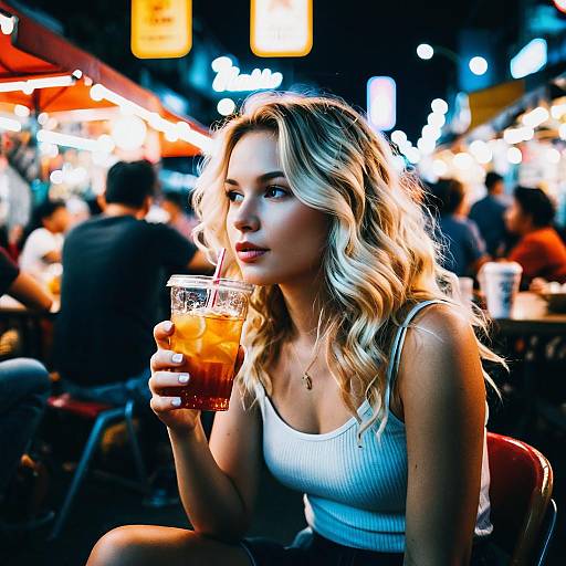 Woman Drinking Iced Tea at Night Market