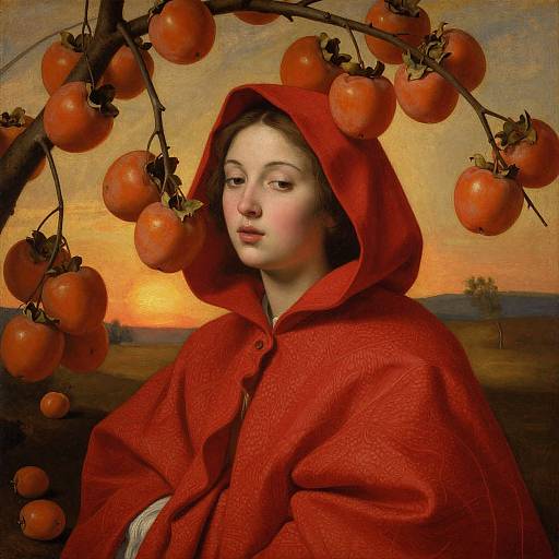 Digital painting of a fair-skinned girl with brown hair, wearing a red hooded cloak, surrounded by orange tomatoes at sunset.