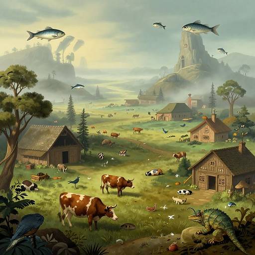 Digital fantasy landscape: sunlit meadow with brown cows, wooden houses, birds, fish in sky, and a towering castle in background.