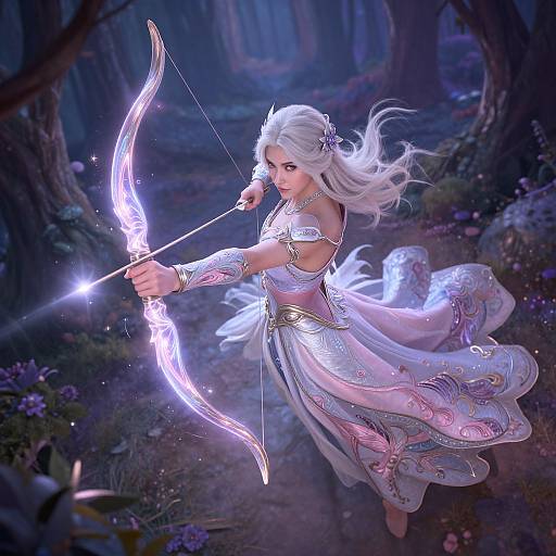 Digital fantasy art of a silver-haired elf archer in a glowing, ornate dress, drawing a radiant, magical bow in a mystical forest.
