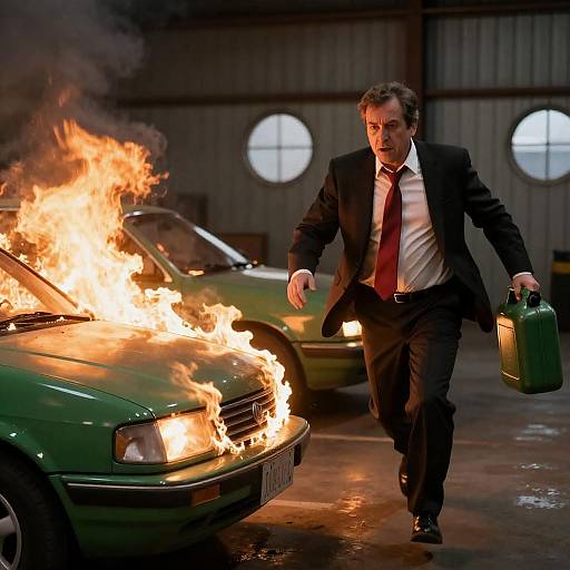 Man Fleeing Burning Car in Garage