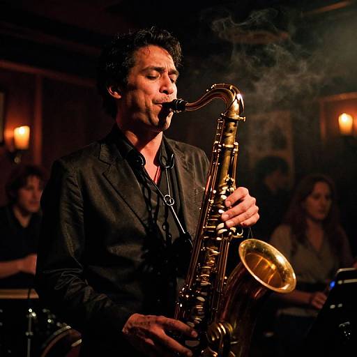 Photograph of a dark-haired man with a beard, playing a golden saxophone in a dimly lit, smoky jazz club, wearing a black