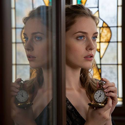 Photograph of a pensive young woman with blue eyes, light brown hair, and fair skin, holding a vintage pocket watch, reflected in a window