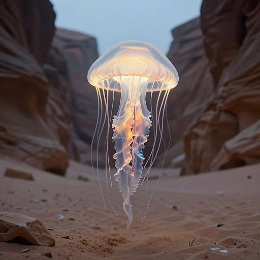 Photograph of a glowing jellyfish with translucent, umbrella-shaped bell and long, flowing tentacles floating in a desert canyon at dusk.