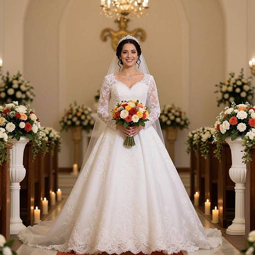 Photograph of a smiling bride in a white lace wedding dress, holding a bouquet of orange and white flowers, standing in a candlelit church aisle with