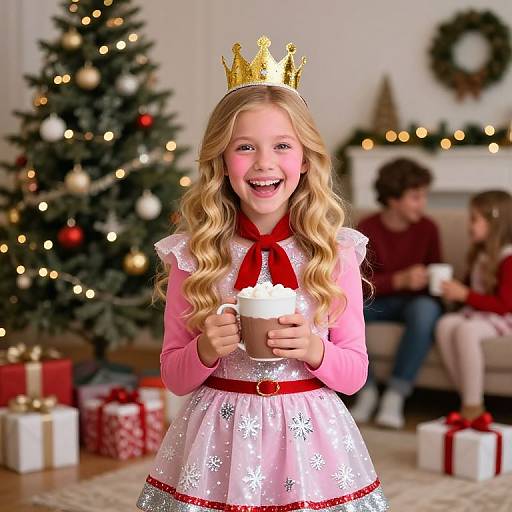 Photograph of a smiling blonde girl with a gold crown, pink dress, and red ribbon, holding a hot chocolate, in a festive living room with