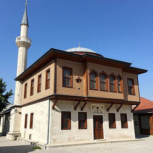 Photograph of a two-story Ottoman-style building with intricate wooden patterns, a white minaret, and a domed roof, set against a clear blue