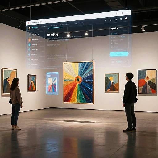 Photograph of two people viewing colorful abstract paintings in a brightly lit art gallery with a projected website interface on the wall.