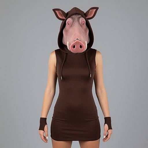 Photograph of a woman wearing a black sleeveless hoodie dress, pig mask, black wristbands, against a plain blue background.