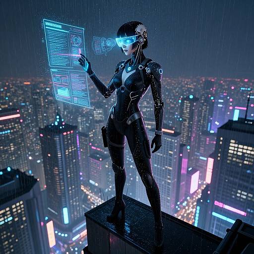 Cyberpunk woman in black bodysuit, neon visor, and gloves, standing on rooftop, holding holographic screen, rainy night, city