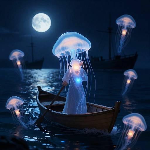 Bioluminescent Jellyfish Bard in Moonlit Rowboat