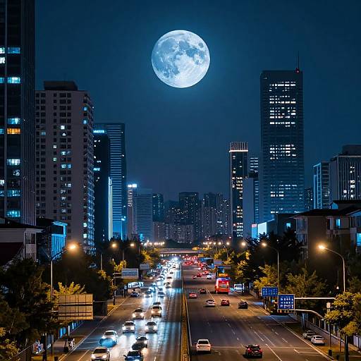 Photograph of a nighttime cityscape with a glowing full moon, illuminated skyscrapers, and busy streets with headlights and taillights.