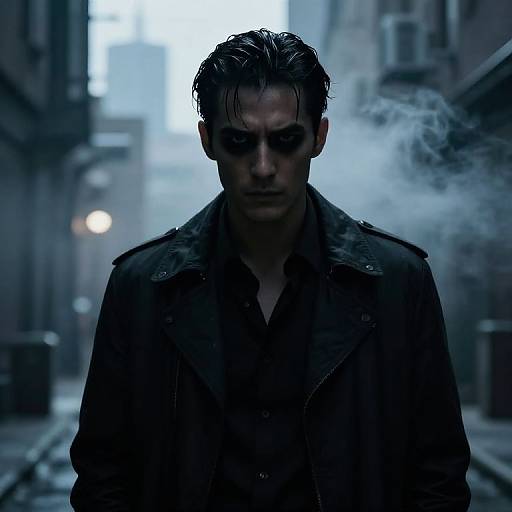 Gritty, blue-toned photograph of a serious, dark-haired man in a black jacket, standing in a smoky, urban alley at night