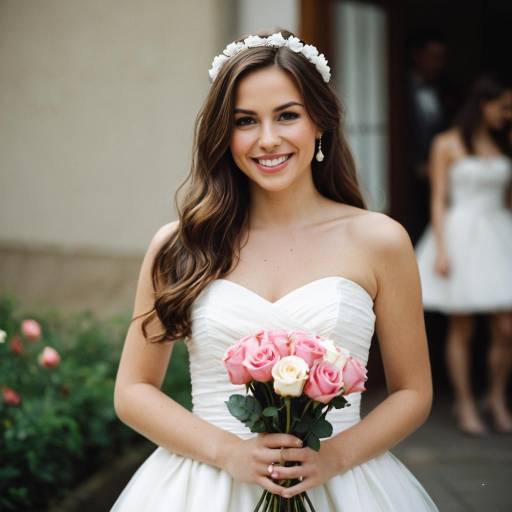 Smiling Bride in White Strapless Dress Holding Bouquet