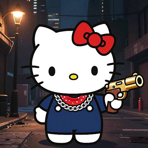 Digital cartoon of Hello Kitty in a blue dress, red bow, and red polka-dot bandana, holding a gold pistol on a dark, urban