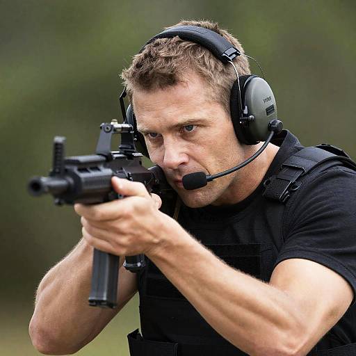 Tactical Man Aiming with Determination