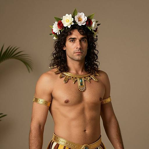 Photograph of a shirtless, curly-haired man with a flower crown, gold necklace, and armlets, wearing a gold waist belt, standing against