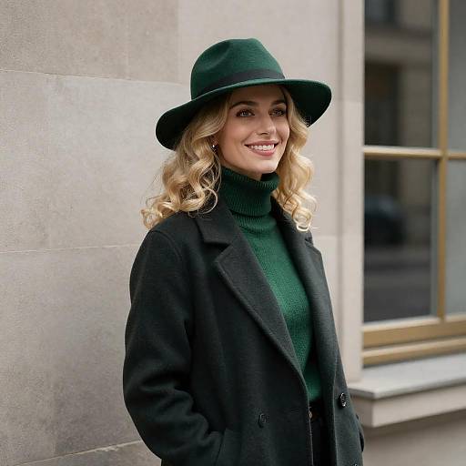 Smiling Blonde Woman in Green Attire