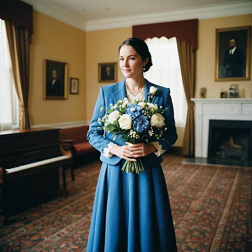 Photograph of a brunette woman in a blue dress and jacket, holding a bouquet of white and blue flowers, standing in an elegant, warmly lit living