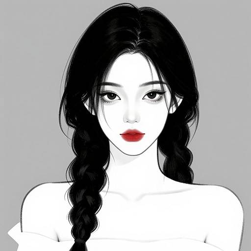 Digital illustration of an East Asian woman with white skin, black braided hair, red lips, and a minimal gray background.
