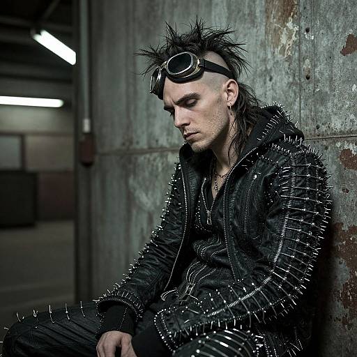 Photograph of a punk rock male with spiky hair, goggles, black spiked jacket, and earrings, sitting against a textured, graffiti-covered wall in