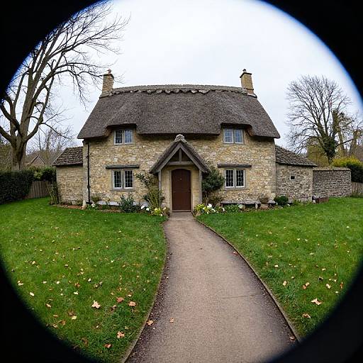 Photograph of a quaint, stone-cottage with a thatched roof, centered on a gravel path, surrounded by lush green lawn and leafless trees