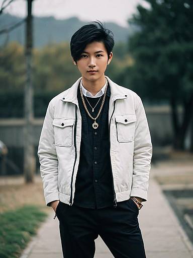 Young Asian Man in Stylish Outdoor Outfit