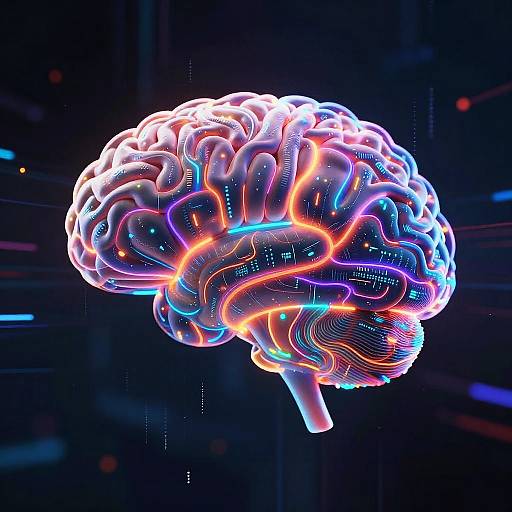 Neon-lit, digitally-rendered human brain with vibrant blue, pink, orange, and purple glowing lines against a dark, futuristic background.