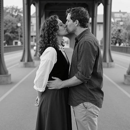 Couple Kissing Under Bridge in Black and White
